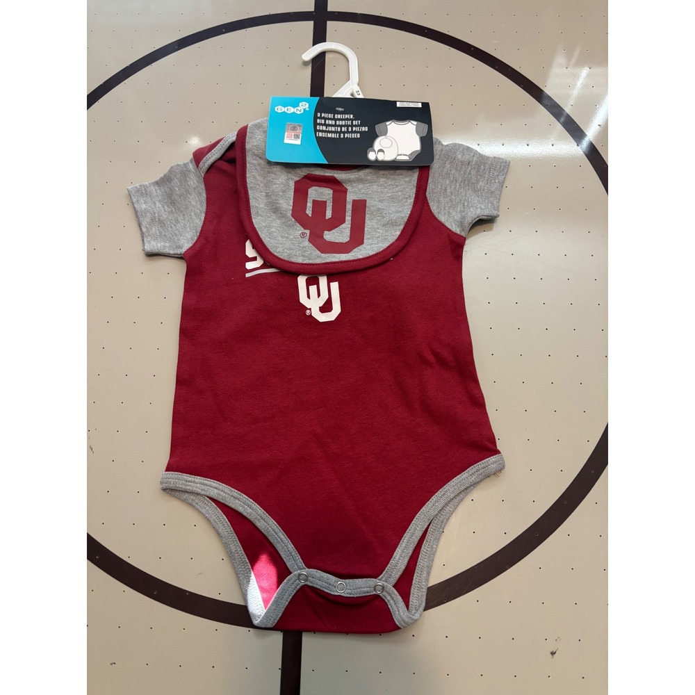 565 Gen2 Oklahoma Sooners Infant 3 Piece Bodysuit Bib and Bootie Set Crimson 24M